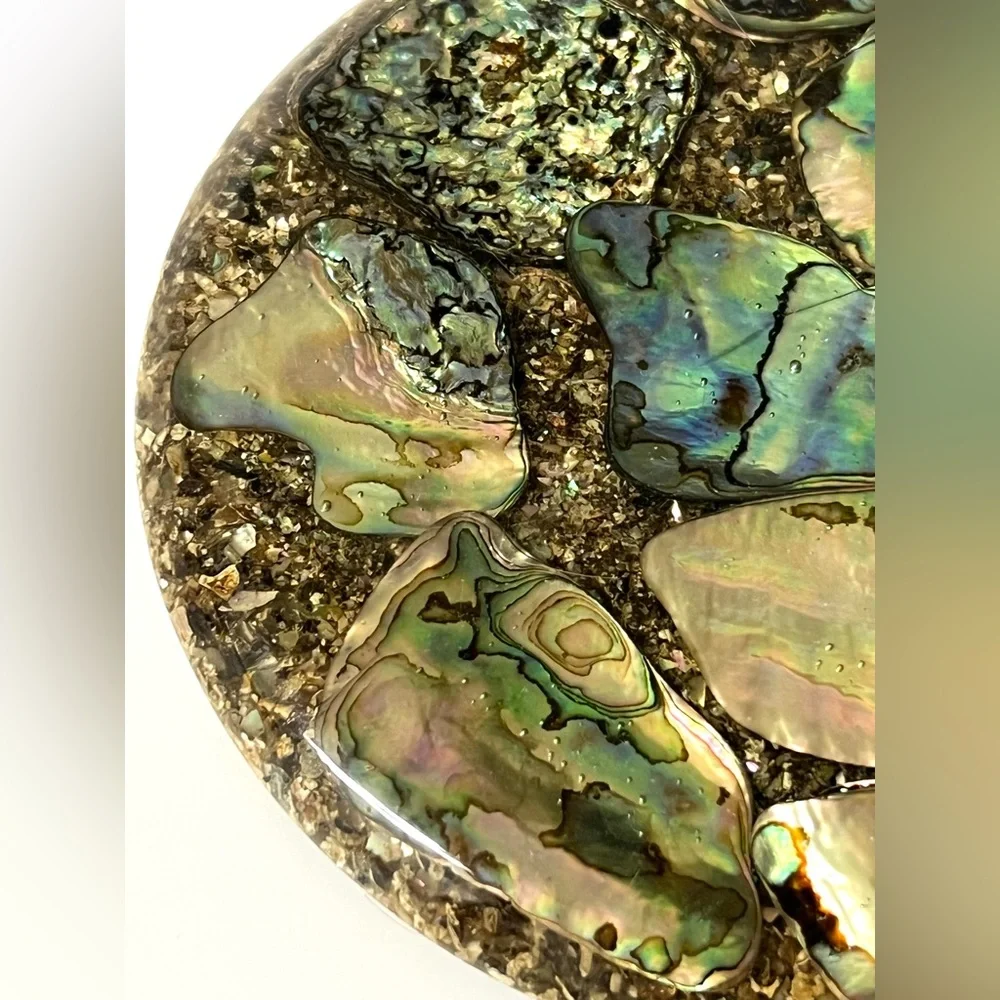 Plympton's Abalone Shell Mother of Pearl Lucite Acrylic Round Trivet 5.5 in USA